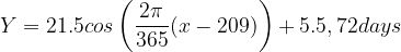 \dpi{120} Y=21.5 cos\left ( \frac{2\pi }{365}(x-209) \right )+ 5.5 , 72 days